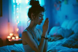 ai generiert Gelassenheit beim Dämmerung. jung Frau meditieren im Schlafzimmer im das dunkel foto
