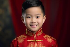 ai generiert ein jung Chinesisch Junge tragen rot Chinesisch traditionell Kleider Bokeh Stil Hintergrund mit generativ ai foto