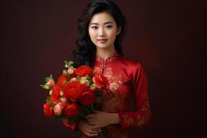 ai generiert schön Chinesisch Frau tragen rot traditionell Kleider und halten rot Blumen mit generativ ai foto