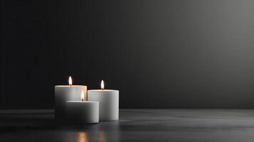 ai generiert minimalistisch Sympathie Beileid Trauer Karte. drei Verbrennung Kerzen, stumm geschaltet Hintergrund. Kopieren Raum foto
