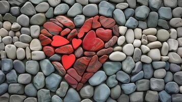 ai generiert Herz gemacht von anders rot Kieselsteine umgeben mit grau Steine. Natur inspiriert Design zum Valentinsgrüße Tag.. foto