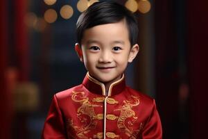 ai generiert ein jung Chinesisch Junge tragen rot Chinesisch traditionell Kleider Bokeh Stil Hintergrund mit generativ ai foto