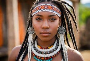 ai generiert ein schön afrikanisch Frau mit kompliziert Stammes- Designs auf ihr Gesicht und Nacken, tragen ein traditionell Halskette und Ohrringe, foto