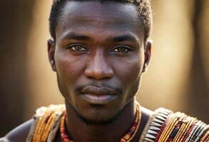 ai generiert ein jung Massai Mann mit kompliziert Perlenstickerei und Zöpfe, tragen traditionell Massai Kleidung und Schmuck. foto