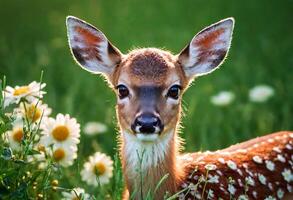 ai generiert Nahansicht Porträt von ein Hirsch im Natur mit blühen Pflanzen foto