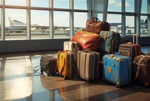ai generiert sichern Gepäck beim das Flughafen mit Flugzeuge. Urlaub Transport foto