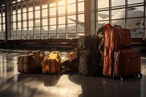 ai generiert schwer Gepäck beim das Flughafen mit Flugzeuge. Urlaub Transport foto