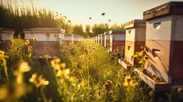 ai generiert Nesselsucht im ein Bienenhaus mit Bienen fliegend zu das Landung Bretter. Imkerei. neural Netzwerk ai generiert foto