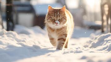 ai generiert rot Katze Spaziergänge im Winter. neural Netzwerk ai generiert foto