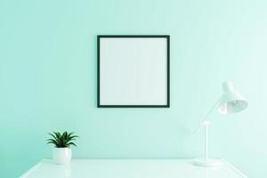 schwarzes quadratisches Plakatrahmenmodell auf Arbeitstisch im Wohnzimmerinnenraum auf leerem weißem Farbwandhintergrund. 3D-Rendering.
