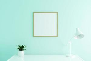 Quadratisches hölzernes Plakatrahmenmodell auf Arbeitstisch im Wohnzimmerinnenraum auf leerem weißem Farbwandhintergrund. 3D-Rendering.