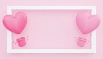 Valentinstag, Liebeskonzept Hintergrund, 3D-Darstellung von rosa herzförmigen Heißluftballons, die aus dem Rahmen schweben
