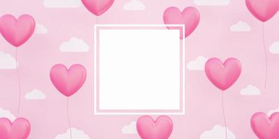 Valentinstag, 3D-rosafarbenes Herz, das in den Himmel schwebt, mit Papierwolke, Leerzeichen für Text und Rahmen foto