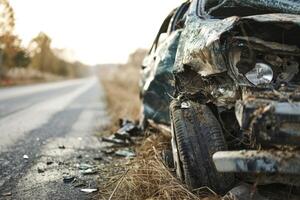 ai generiert Erfassen das Nachwirkungen von ein Auto Unfall mit ein gebrochen Fahrzeug, Hervorheben das Bedeutung von Straße Sicherheit und Vorsicht foto