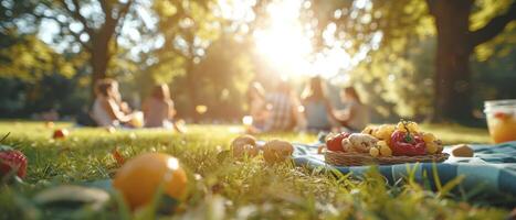 ai generiert freunde Teilen Lachen und Kekse auf ein sonnendurchflutet Decke im das Park. ein beschwingt Szene von Freude, aufgehellt durch sonnig Beleuchtung, Erfassen das beiläufig Spaß von draussen Vergnügen. foto