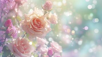 ai generiert ein Foto Erfassen süß Rosen und Frühling Blumen im ein spielerisch Flug, gegen ein Pastell- Bokeh Hintergrund, beschwören ein Symphonie von Frühling Freude