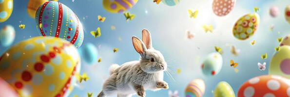 ai generiert Nahansicht Foto Erfassen das spielerisch Bewegung von fliegend Ostern Eier und ein Kaninchen, infundieren froh Energie in das festlich Muster.