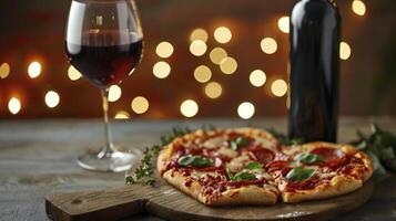 ai generiert Pizza und Wein auf Bokeh Hintergrund. Zuhause gekocht Valentinsgrüße Tag Abendessen. foto