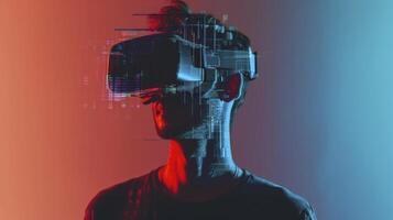 ai generiert Mann ist mit virtuell Wirklichkeit Headset. Bild mit Panne Wirkung. foto