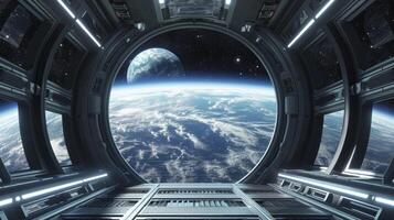 ai generiert Raumschiff futuristisch Innere mit Aussicht auf Planet Erde. foto