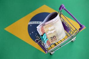 Brasilianer Geld Rechnungen im klein Einkaufen Wagen auf Brasilianer Flagge foto