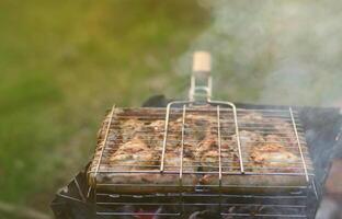 Schaschliks aus Hähnchenflügeln werden auf dem Feld gebraten. ein klassisches Barbecue unter freiem Himmel. der Prozess des Bratens von Fleisch auf Holzkohle foto