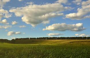 Ländliche Landschaft mit einem grünen Feld unter einem bewölkten blauen Himmel foto