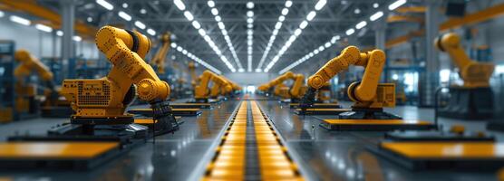 ai generiert fortgeschritten Roboter Versammlung Linien im ein riesig industriell Fabrik, beleuchtet durch das warm glühen von Nachmittag Licht, präsentieren das Zukunft von industriell Automatisierung foto