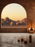 ai generiert ein Innere mit ein Wüste und Moschee Landschaft durch das islamisch Torbogen mit Öl Lampen wie Dekoration foto