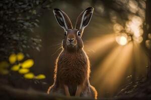 ai generiert einsam wild braun zündete durch warm Abend Licht beim Dämmerung. neural Netzwerk ai generiert foto