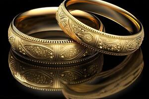 ai generiert Original Gold Hochzeit Ringe auf ein dunkel Hintergrund. neural Netzwerk ai generiert foto