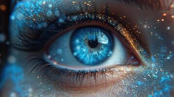ai generiert Blau Auge Zukunft Vision Banner Mensch Auge Technologie futuristisch Hintergrund breit foto