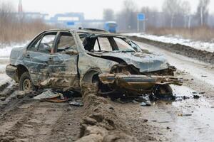 ai generiert Erfassen das Nachwirkungen von ein Auto Unfall mit ein gebrochen Fahrzeug, Hervorheben das Bedeutung von Straße Sicherheit und Vorsicht foto