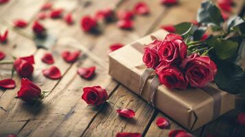 ai generiert Valentinsgrüße Konzept mit Strauß von Rosen und eingewickelt Geschenk Box auf hölzern Tabelle foto