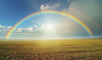 ai generiert Regenbogen mit Sonnenschein Über das Feld foto