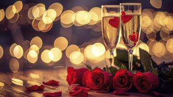 ai generiert Valentinsgrüße Tag rot Rosen auf Tabelle mit Sekt, im das Stil von Bokeh foto