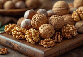 ai generiert ein Gruppe von Nüsse im Gruppe mit Blatt. ein Nahansicht Foto von Walnüsse und Nussbaum Kernel vereinbart worden ordentlich auf ein hölzern Schneiden Tafel.