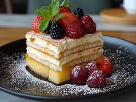 ai generiert ein schwarz Teller ist enthält ein Kuchen. hingeben im ein lecker Scheibe von Kuchen geschmückt mit frisch Beeren und ein Abstauben von pulverisiert Zucker auf ein Platte. foto