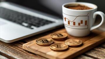 ai generiert Nahansicht von Bitcoin Token und ein finanziell Becher Nächster zu Laptop foto