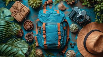 ai generiert Blau Rucksack, Hut, und andere Artikel auf Blau Oberfläche foto