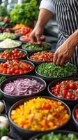 ai generiert Person im ein Küche vorbereiten Essen im Schalen foto