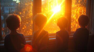 ai generiert drei Kinder suchen aus ein Fenster beim das Sonne foto