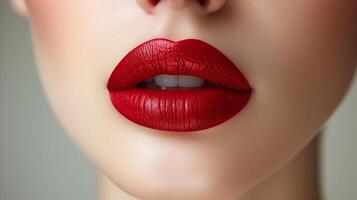 ai generiert Nahansicht von Frauen Lippen mit rot Lippenstift foto