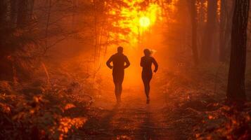 ai generiert aktiv Paar Laufen zusammen im das Wald foto