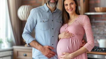 ai generiert ein froh erwartungsvoll Paar umarmt, mit das schwanger Frau halten ihr Bauch, während Stehen im das warm Ambiente von ihr Zuhause Küche. foto