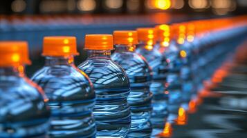 ai generiert Reihe von Flaschen- Wasser Flaschen auf Förderer Gürtel foto