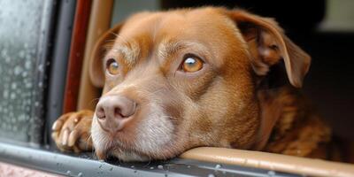 ai generiert Nahansicht von Hund suchen aus Fenster, Blick neugierig beim das draußen Welt foto