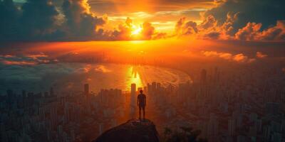 ai generiert Person Stehen auf oben von Berg beim Sonnenuntergang foto