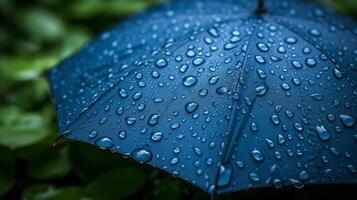 ai generiert Nahansicht von ein Blau Regenschirm mit Regentropfen foto