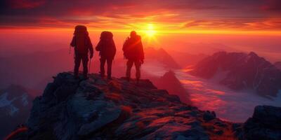 ai generiert Gruppe von Entdecker Stehen auf Gipfel von montieren Everest foto